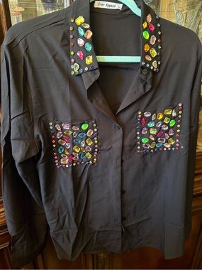 Over Apparel Black Button-Up Shirt with Multicolor Gem Accents Ladies size large